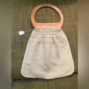 Vintage Knit Macrame Crochet Wood Handle Purse Handheld